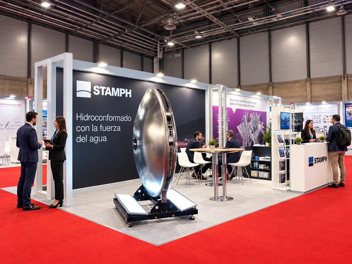 Stand de STAMPH en feria industrial con un fondo hidroconformado expuesto